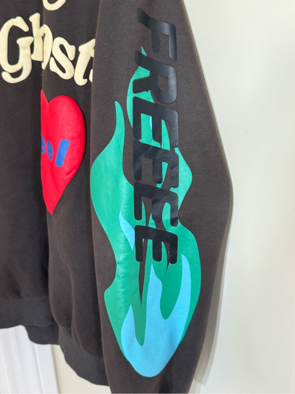 LONELY GHOST Black Hoodie with Cream Lettering, Red Heart & Teal Sleeve Accent - Picture 4 of 7